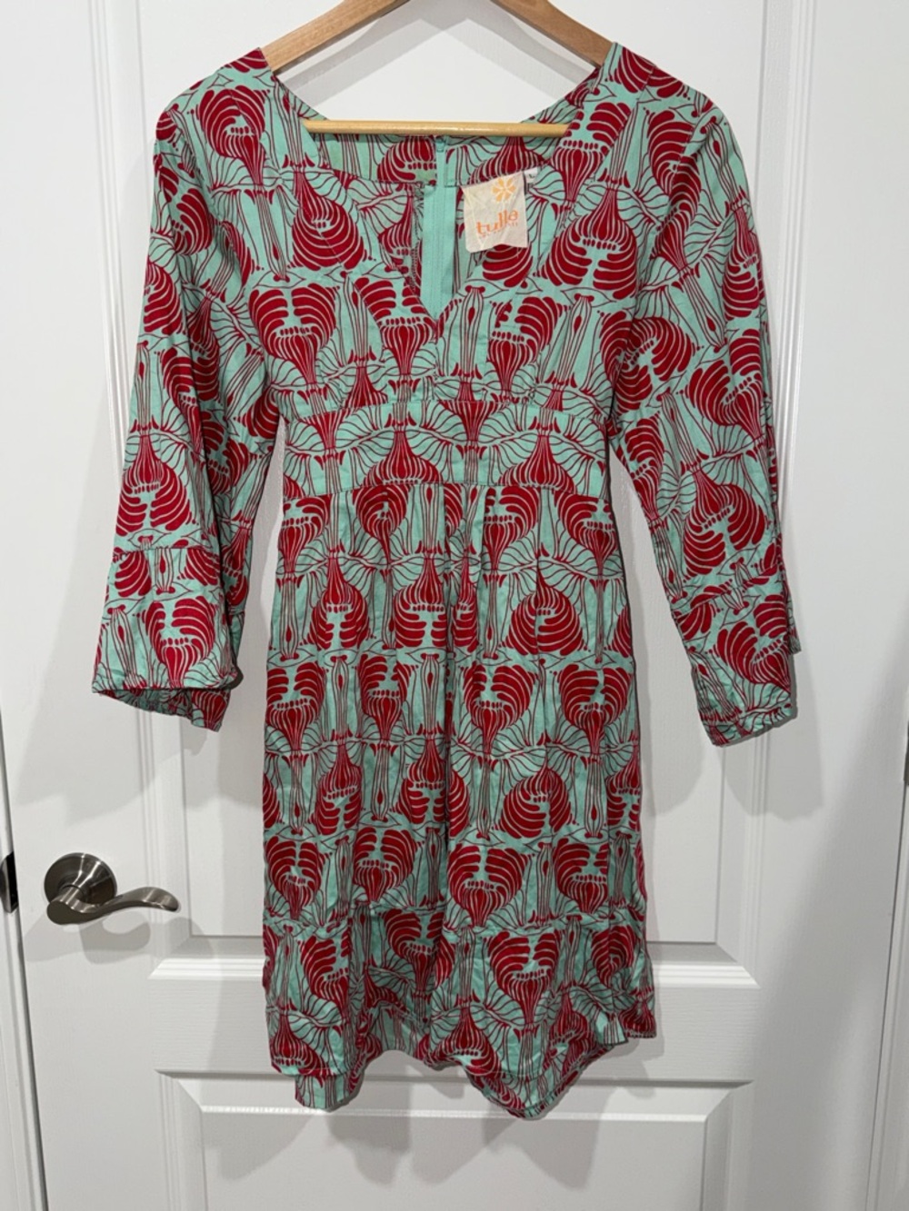 Tulle for Anthropologie Red & Mint Patterned 3/4 Sleeve Dress bohemian Large